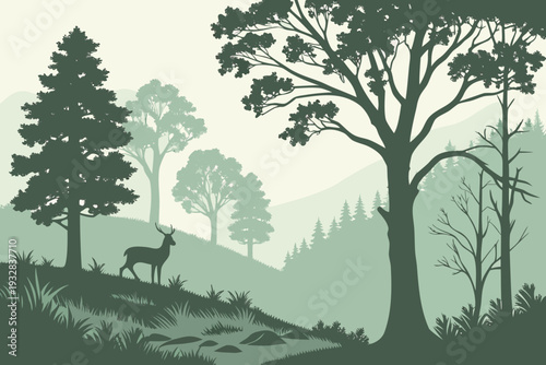 Misty Forest Landscape with Silhouette of a Deer Standing on a Grassy Hill