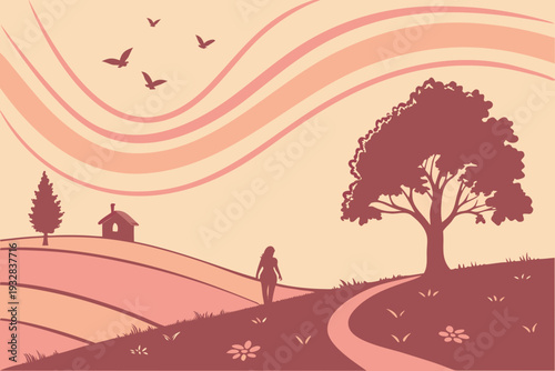 Silhouette of a woman walking on a path towards a tree and house in a serene, stylized landscape with birds and flowing waves in the sky
