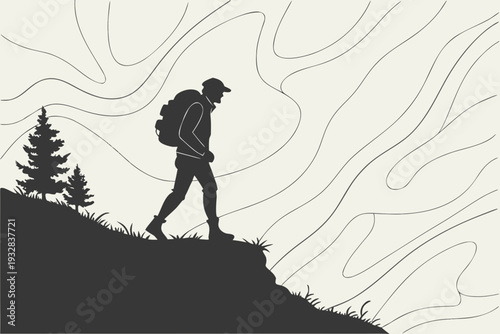 Silhouette hiker with backpack ascending a topographic map landscape