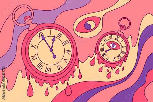 Surreal Melting Pocket Watches With Eyes Floating in Psychedelic Landscape