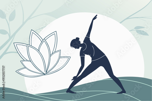 Woman in Utthita Trikonasana yoga pose with a lotus flower and abstract background