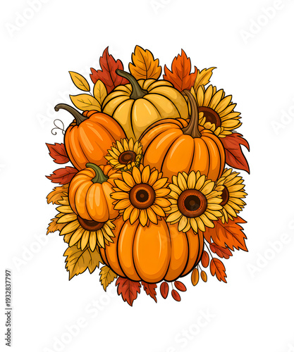 Orange pumpkins and sunflowers with fall leaves on white
