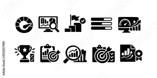 Performance and analytics solid icon set. metrics, dashboard, data visualization collection
