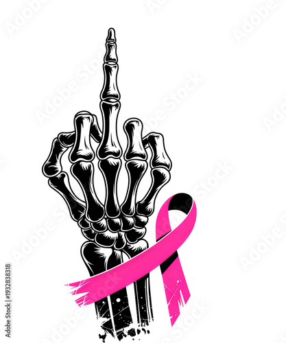 Skeleton hand with middle finger raised and pink breast cancer awareness ribbon