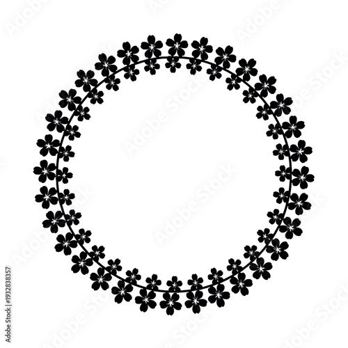 A simple, monochrome spring wreath silhouette forms a circular botanical frame with a floral outline on a white background.