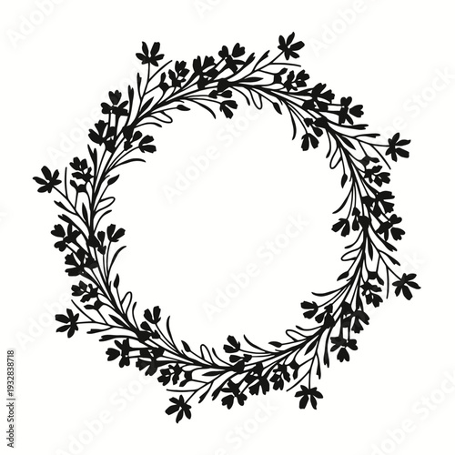 A minimalist black floral wreath silhouette with a botanical circle frame and simple floral circle outline on a white background.