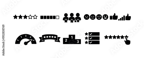 Rating and review solid icon set: feedback, stars, and satisfaction symbols collection
