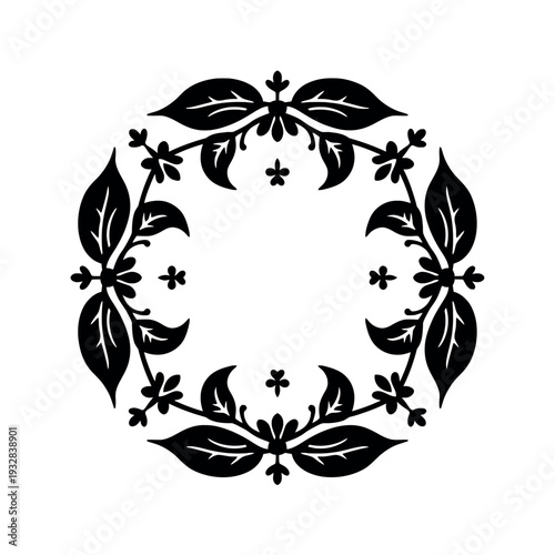 A simple, black floral border forming a circular botanical frame with a spring wreath silhouette and monochrome outline on a white background.