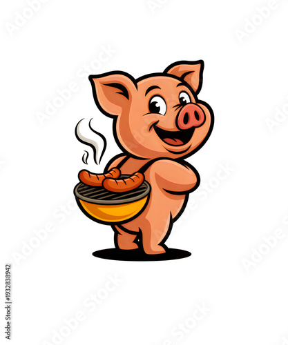 Smiling pig holding sausages on barbecue grill cartoon