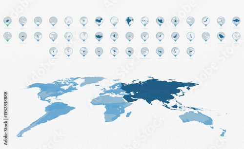 Set of Map Pins with Detailed Asian Countries Map. Detailed Blue World Map Background