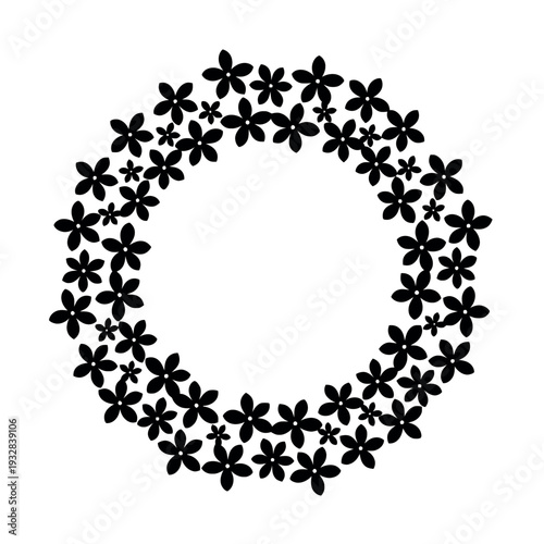 A simple, black floral wreath silhouette with a botanical circle frame, forming a minimal spring frame on a white background.
