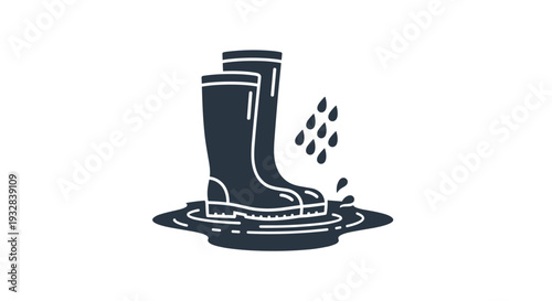 Rain Boots in Puddle with Raindrops Monochrome Icon