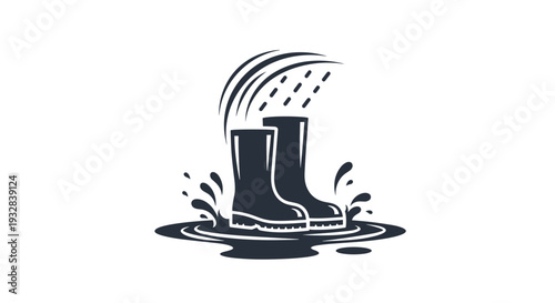 Rain Boots in Puddle with Falling Rain Icon