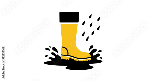 Yellow Rubber Boot in Puddle with Falling Rain Icon