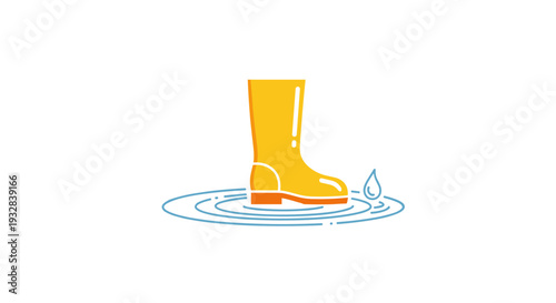 Yellow Rubber Boot Standing in a Puddle with Falling Raindrop Icon