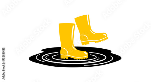 Yellow Rubber Boots Stepping into a Puddle on White Background