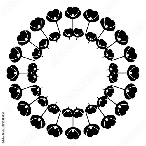 A minimalist spring wreath silhouette with a botanical circle frame, featuring a floral wreath outline of wildflowers on a clean white background, creating a simple floral circle emblem.