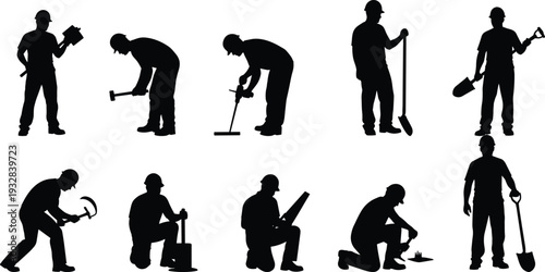 Construction worker silhouette collection, builder using hammer drill shovel tools industrial labor vector illustration isolated set