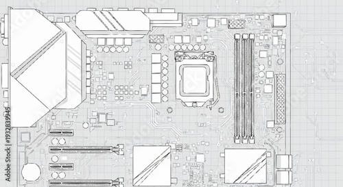 Detailed Technical Drawing of Computer Motherboard.