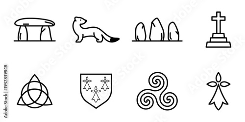Collection d’icônes vectorielles minimalistes représentant des symboles bretons : dolmen, hermine, triskell, menhirs, écusson et croix, en dessin au trait noir.