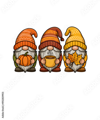 Three gnomes in knit hats holding autumn fall pumpkins