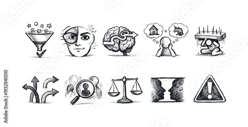 Decision-making process sketch icon set. hand-drawn symbols of choices and judgment.
