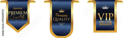 Three blue and gold ribbons with premium quality labels