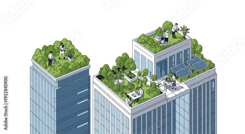 Urban Green Rooftops with People and Solar Panels on Modern Buildings