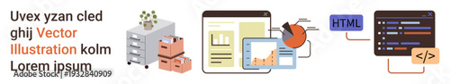 Data analysis, tech development, digital tools, coding, workflow management, productivity. Visual of office files, data charts HTML code. Data analysis and tech development concept