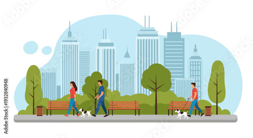 City park with people walking dogs and modern buildings in background