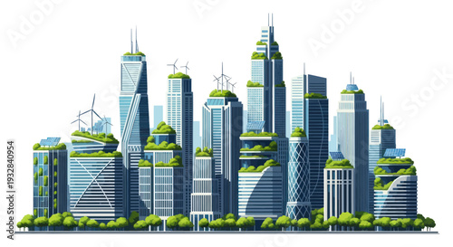 Eco-friendly futuristic cityscape with green skyscrapers, wind turbines, and solar panels
