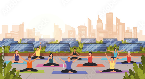 Rooftop Yoga Class with Solar Panels and Cityscape Background