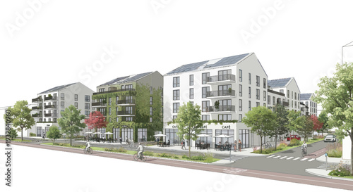 Modern Apartment Buildings with Green Facades and Solar Panels, Urban Street Scene