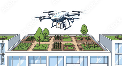 Drone delivering package to urban rooftop garden, modern city agriculture concept