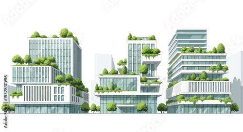 Sustainable modern architecture with green roofs and vertical gardens on white background