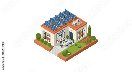 Isometric Eco-Friendly House with Solar Panels and Garden