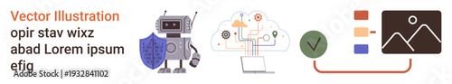Cybersecurity, AI, data management, technology education, digital verification, secure cloud storage. Robot with shield, cloud computing checklist and graphs. Cybersecurity and AI concepts visually