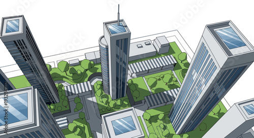 Aerial View of a Modern Cityscape with Skyscrapers and Green Spaces