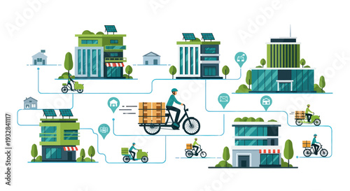 Eco-friendly city logistics: Electric bikes and scooters deliver packages to green buildings.