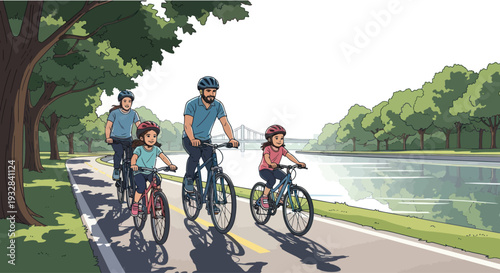 Family Cycling Adventure by Water: Parents and Kids Enjoying a Sunny Bike Ride