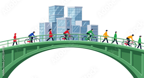 People cycling and walking on green bridge with modern city skyline background