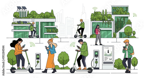 Eco-friendly urban transportation: people using electric scooters and charging stations in green city