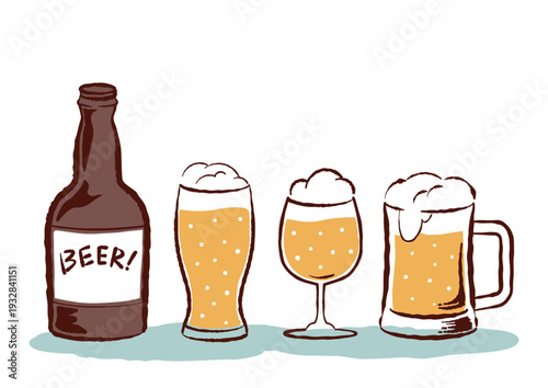 レトロな手描きタッチのビールのイラスト　ビール瓶とグラス
