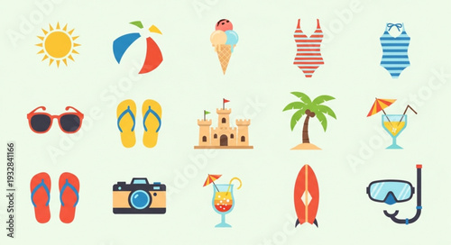 Collection of summer vacation icons representing beach activities and fun times.