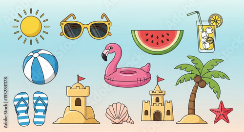 Summer fun beach scene with various vacation and holiday elements.