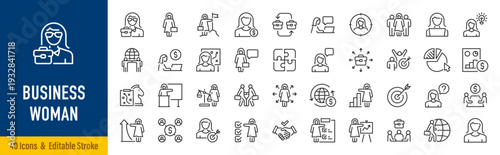 Businesswoman web icons in line style. Power women, career, success, business, collection. Vector illustration.
