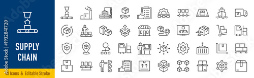 Supply Chain web icons in line style. Logistic, delivery, business, industry, management, commerce, analysis, procurement ,collection. Vector illustration.