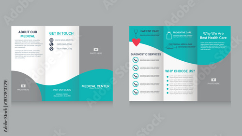 Professional medical trifold brochure template in modern teal and dark blue color scheme. Clean and minimal healthcare layout with smooth wave shapes. layout ideal for marketing and promotion.