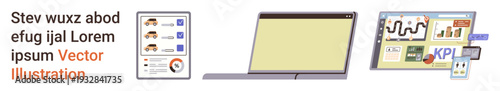 Analytics, remote work, collaboration, data visualization, corporate strategy, digital tools. Laptop, dashboard with metrics and user interface screens. Analytics and remote work concept