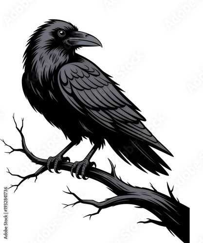 Black crow perched on bare tree branch with pixelated background